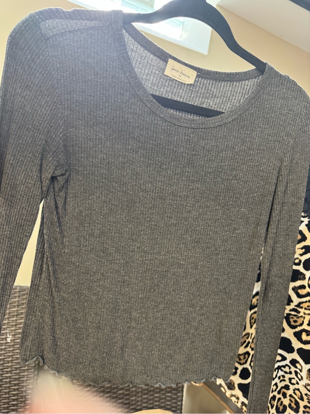 Free Kisses Ribbed Long Sleeve Crop Top - Charcoal